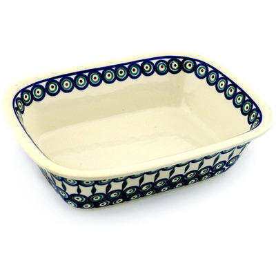 Polish Pottery Rectangular Baker 9" Peacock Leaves