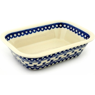 Polish Pottery Rectangular Baker 9&quot; Peacock Snowflake