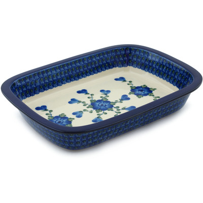 Polish Pottery Rectangular Baker with Grip Lip 10-inch Blue Poppies