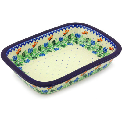 Polish Pottery Rectangular Baker with Grip Lip 10-inch Butterfly Field