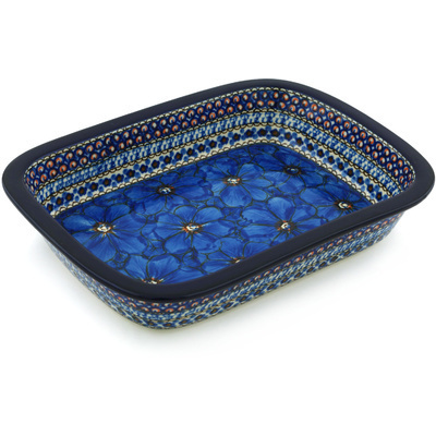 Polish Pottery Rectangular Baker with Grip Lip 10-inch Cobalt Poppies UNIKAT