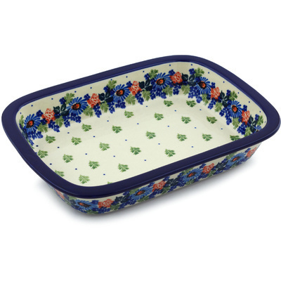 Polish Pottery Rectangular Baker with Grip Lip 10-inch Countryside Floral Bloom