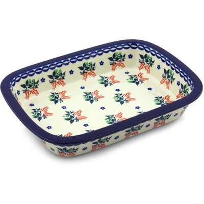 Polish Pottery Rectangular Baker with Grip Lip 10-inch Fire Cracker
