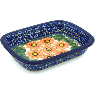 Polish Pottery Rectangular Baker with Grip Lip 10-inch Red Blooms UNIKAT