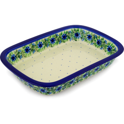 Polish Pottery Rectangular Baker with Grip Lip 12-inch Blue Bell Wreath