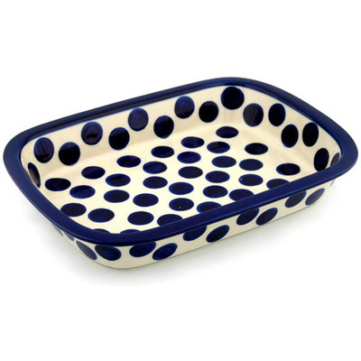 Polish Pottery Rectangular Baker with Grip Lip 12-inch Bold Blue Dots