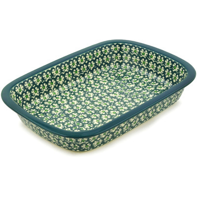 Polish Pottery Rectangular Baker with Grip Lip 12-inch Green Garlands