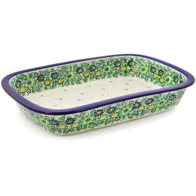 Polish Pottery Rectangular Baker with Grip Lip 12-inch Green Wreath UNIKAT