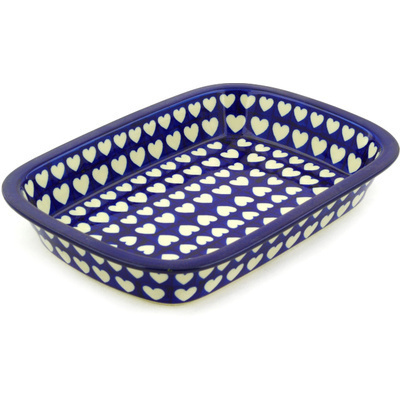 Polish Pottery Rectangular Baker with Grip Lip 12-inch Hypnotic Hearts