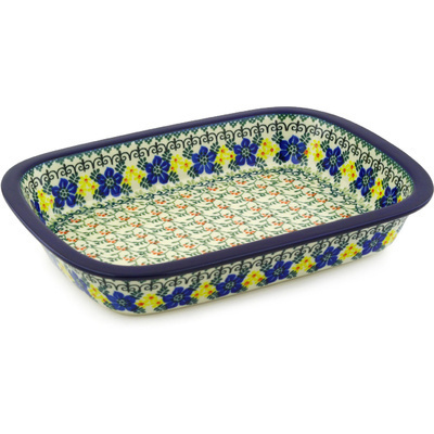 Polish Pottery Rectangular Baker with Grip Lip 12-inch Lace With Flowers