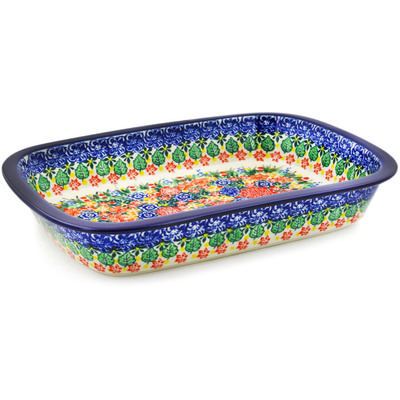 Polish Pottery Rectangular Baker with Grip Lip 12-inch Red Bouquet UNIKAT