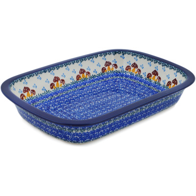 Polish Pottery Rectangular Baker with Grip Lip 12-inch Toadstool Mushroom Trio