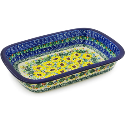 Polish Pottery Rectangular Baker with Grip Lip 12-inch Yellow Garden UNIKAT