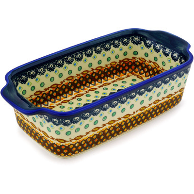 Polish Pottery Rectangular Baker with Handles 10&quot; Artichoke Heart UNIKAT