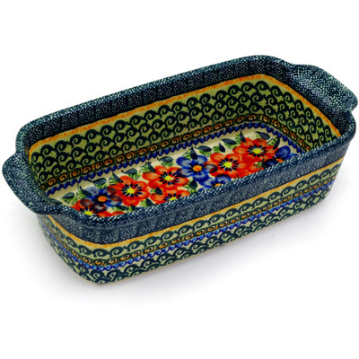 Polish Pottery Rectangular Baker with Handles 10&quot; Blue And Red Poppies UNIKAT