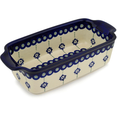 Polish Pottery Rectangular Baker with Handles 10&quot; Blue Boutonniere
