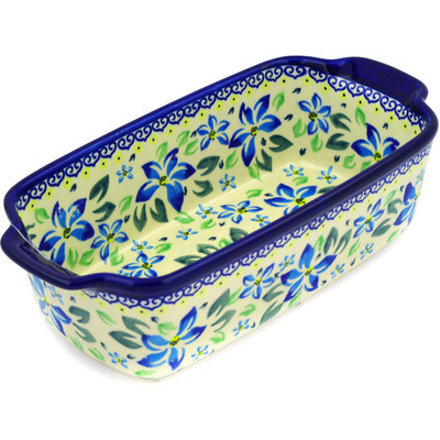 Polish Pottery Rectangular Baker with Handles 10" Blue Clematis