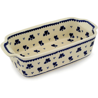 Polish Pottery Rectangular Baker with Handles 10&quot; Blue Heart Trio