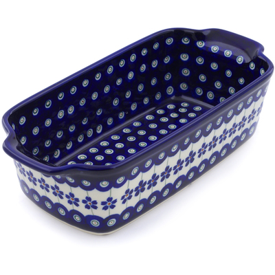 Polish Pottery Rectangular Baker with Handles 10&quot; Flowering Peacock