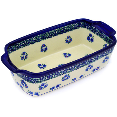 Polish Pottery Rectangular Baker with Handles 10&quot; Forget Me Not Dots