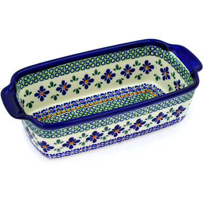Polish Pottery Rectangular Baker with Handles 10&quot; Gingham Flowers