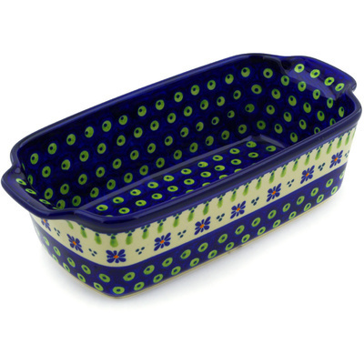 Polish Pottery Rectangular Baker with Handles 10&quot; Green Gingham Peacock