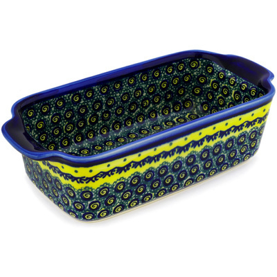 Polish Pottery Rectangular Baker with Handles 10" Peacock Bumble Bee
