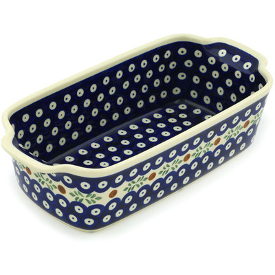 Polish Pottery Rectangular Baker with Handles 10" Peacock Hollies