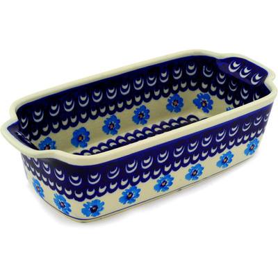 Polish Pottery Rectangular Baker with Handles 10&quot; Poppy Peacock