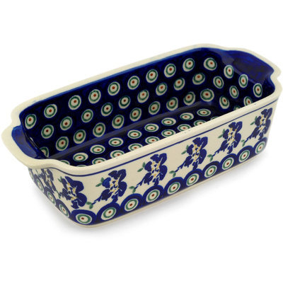 Polish Pottery Rectangular Baker with Handles 10&quot; Royal Iris Peacock