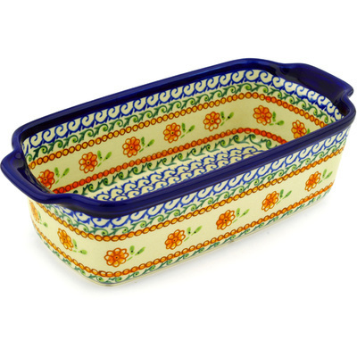Polish Pottery Rectangular Baker with Handles 10" Sunflower Waves