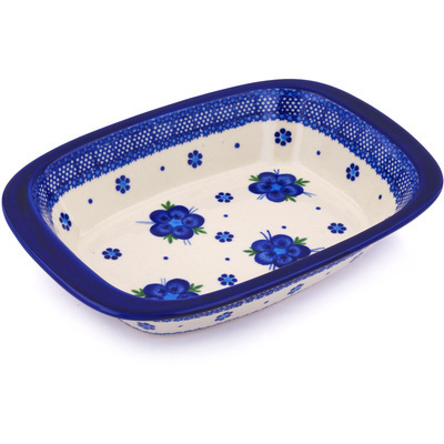 Polish Pottery Rectangular Baker with Handles 11&quot; Bleu-belle Fleur