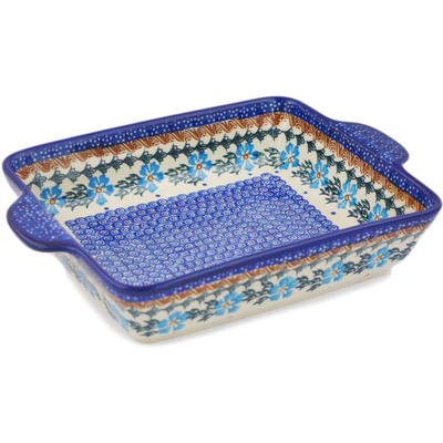 Polish Pottery Rectangular Baker with Handles 11" Blue Cornflower
