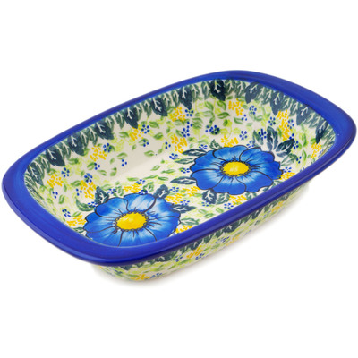 Polish Pottery Rectangular Baker with Handles 11" Blue Happy Fields UNIKAT