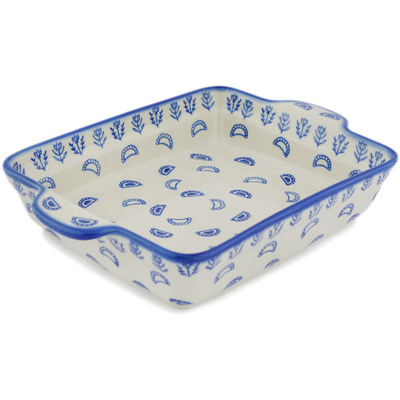 Polish Pottery Rectangular Baker with Handles 11" Blue Pierogi