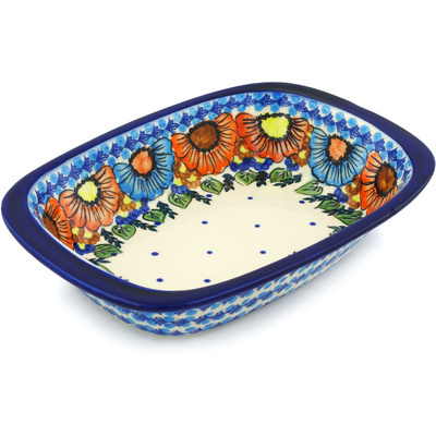 Polish Pottery Rectangular Baker with Handles 11&quot; Bold Poppies
