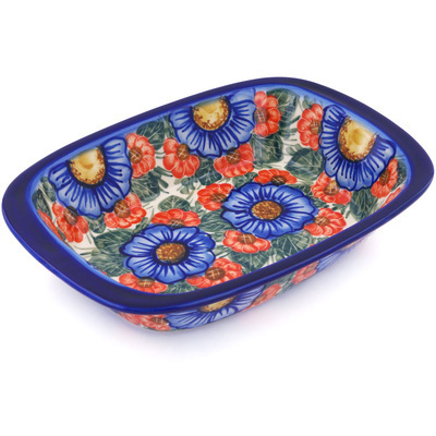 Polish Pottery Rectangular Baker with Handles 11&quot; Flowers In Bloom UNIKAT