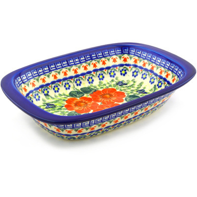 Polish Pottery Rectangular Baker with Handles 11&quot; Happiness UNIKAT