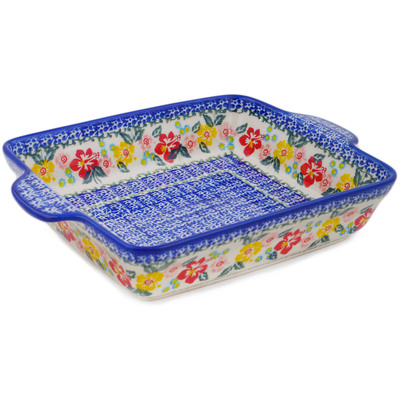 Polish Pottery Rectangular Baker with Handles 11&quot; Hibiscus Haven