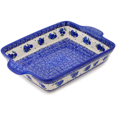 Polish Pottery Rectangular Baker with Handles 11" Lovely Blueberries