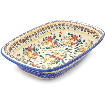 Polish Pottery Rectangular Baker with Handles 11&quot; Red Anemone Meadow UNIKAT