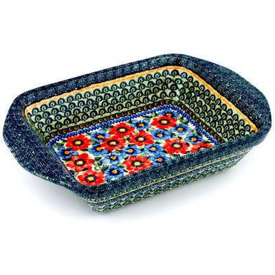 Polish Pottery Rectangular Baker with Handles 12&quot; Blue And Red Poppies UNIKAT
