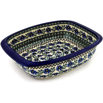 Polish Pottery Rectangular Baker with Handles 12&quot; Blue Chicory