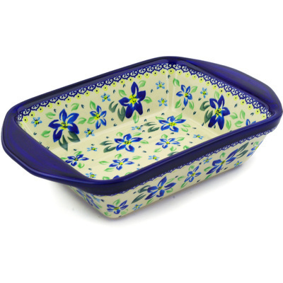Polish Pottery Rectangular Baker with Handles 12&quot; Blue Clematis