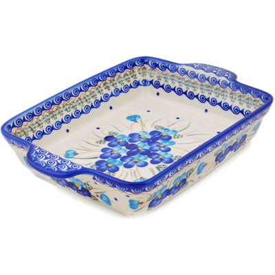 Polish Pottery Rectangular Baker with Handles 12" Blue Pansy