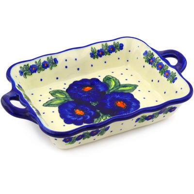 Polish Pottery Rectangular Baker with Handles 12&quot; Bold Blue Pansy