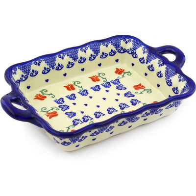 Polish Pottery Rectangular Baker with Handles 12&quot; Butterfly Tulips