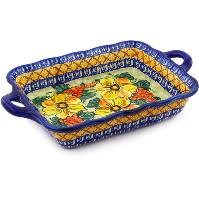 Polish Pottery Rectangular Baker with Handles 12&quot; Colorful Bouquet UNIKAT