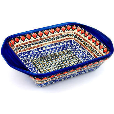 Polish Pottery Rectangular Baker with Handles 12&quot; Coral Diamonds UNIKAT