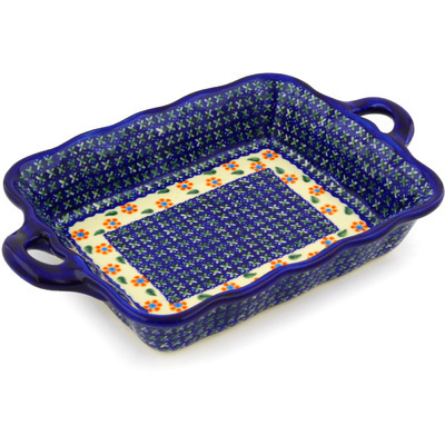 Polish Pottery Rectangular Baker with Handles 12&quot; Daisy Stitches